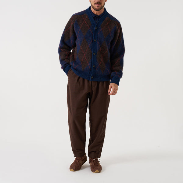 UNIVERSAL WORKS David Alpaca Argyle Cardigan in Navy