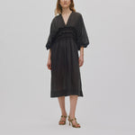 RABENS SALONER Ina Voile Frill Gathered Dress in Liqourice