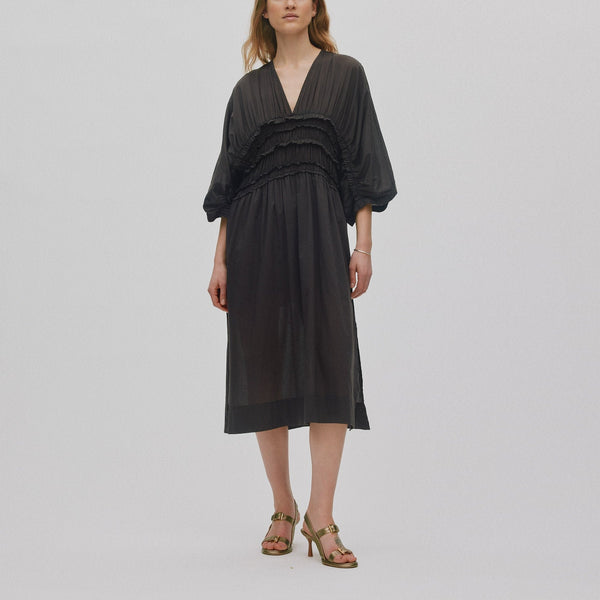 RABENS SALONER Ina Voile Frill Gathered Dress in Liqourice