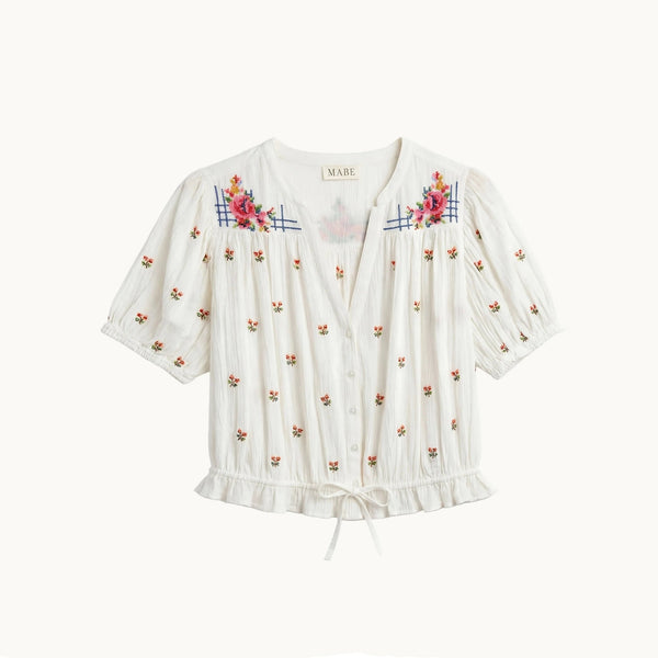 M.A.B.E Harlie Embroidered Short Sleeve Top in Ecru/Multi
