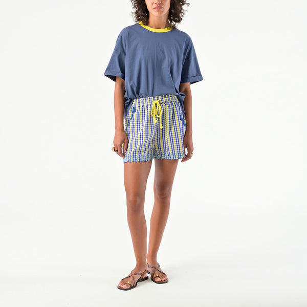 ORFEO Laura Shorts with Embroidery Details in Blue Check