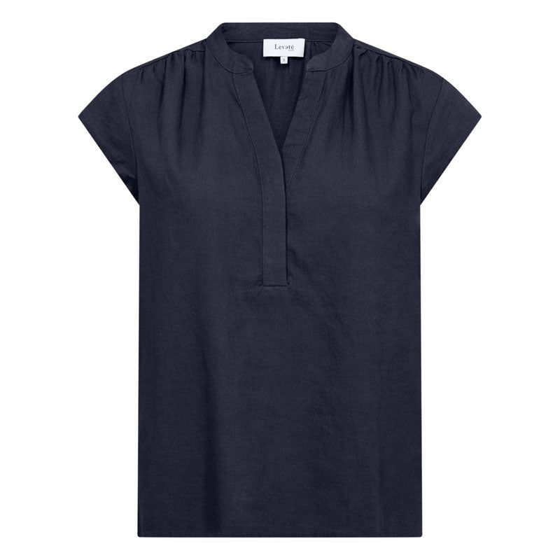LEVETE ROOM Naja 19 Linen Mix Top in Dark Navy
