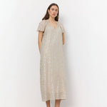 LEVETE ROOM Galaxy 1 V Neck Maxi Dress in Island Fossil Combo