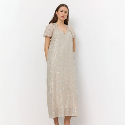 LEVETE ROOM Galaxy 1 V Neck Maxi Dress in Island Fossil Combo