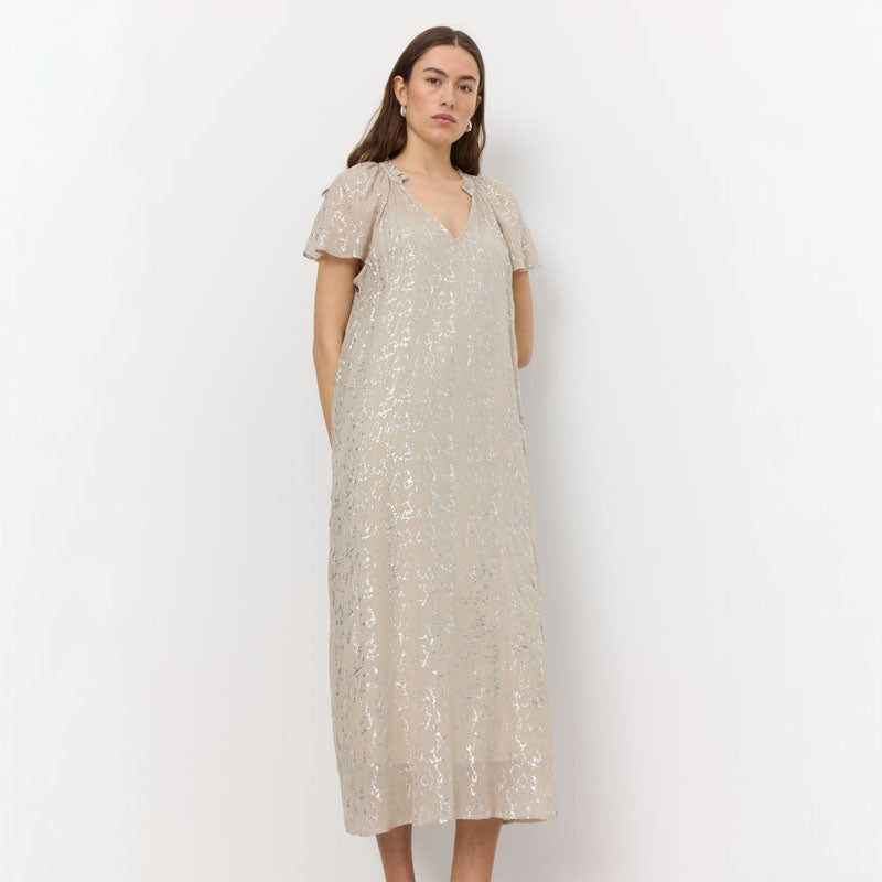 LEVETE ROOM Galaxy 1 V Neck Maxi Dress in Island Fossil Combo