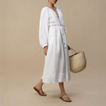 MONDO CORSINI Victorine Linen Smocked Midi Dress in White