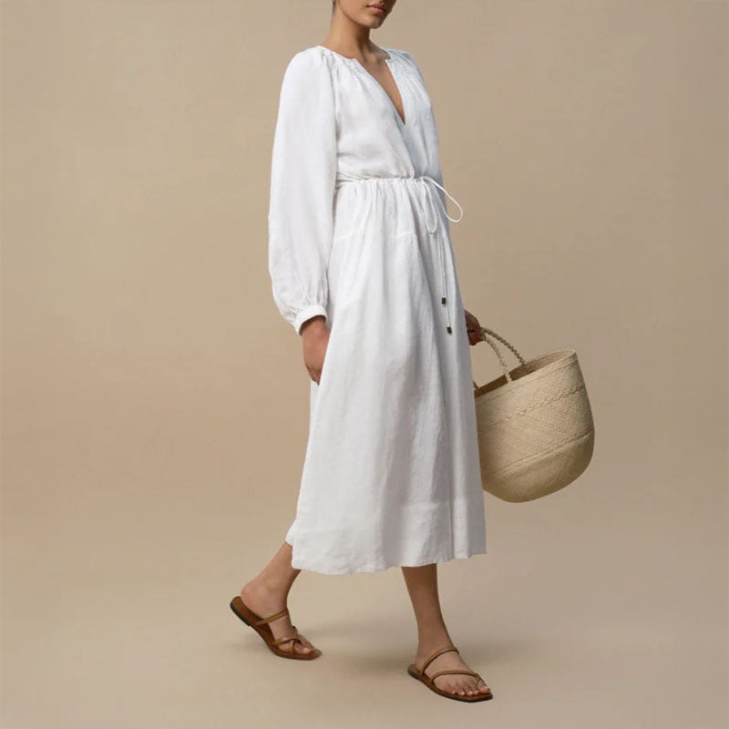 MONDO CORSINI Victorine Linen Smocked Midi Dress in White