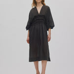 RABENS SALONER Ina Voile Frill Gathered Dress in Liqourice