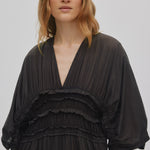 RABENS SALONER Ina Voile Frill Gathered Dress in Liqourice