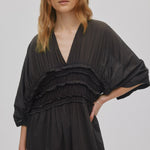 RABENS SALONER Ina Voile Frill Gathered Dress in Liqourice