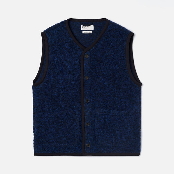 UNIVERSAL WORKS Lancaster Boucle Fleece Gilet in Blue