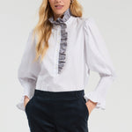 VILAGALLO Small Check Frill Shirt in White/Navy