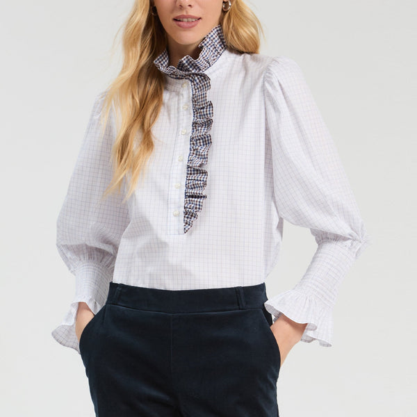 VILAGALLO Small Check Frill Shirt in White/Navy