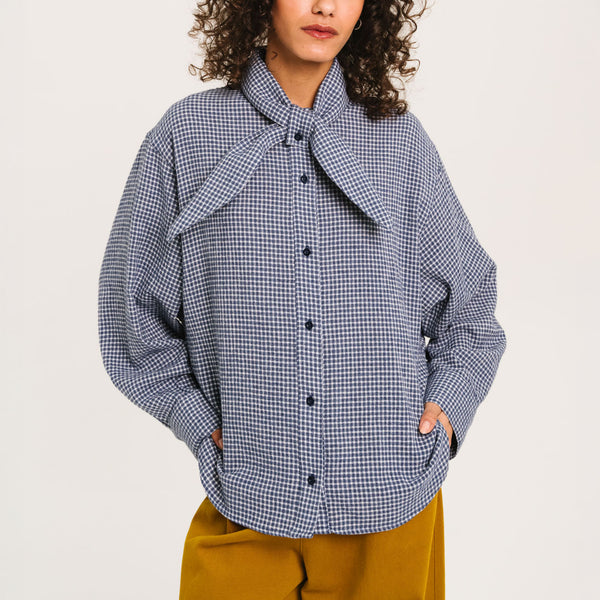 SACRECOEUR Charlie Mike Gingham Check Scarf Shirt in Blue
