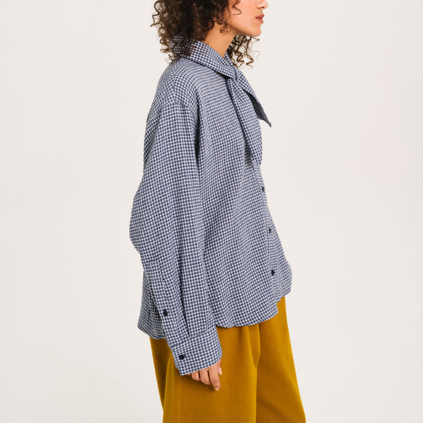 SACRECOEUR Charlie Mike Gingham Check Scarf Shirt in Blue