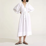 MONDO CORSINI Victorine Linen Smocked Midi Dress in White