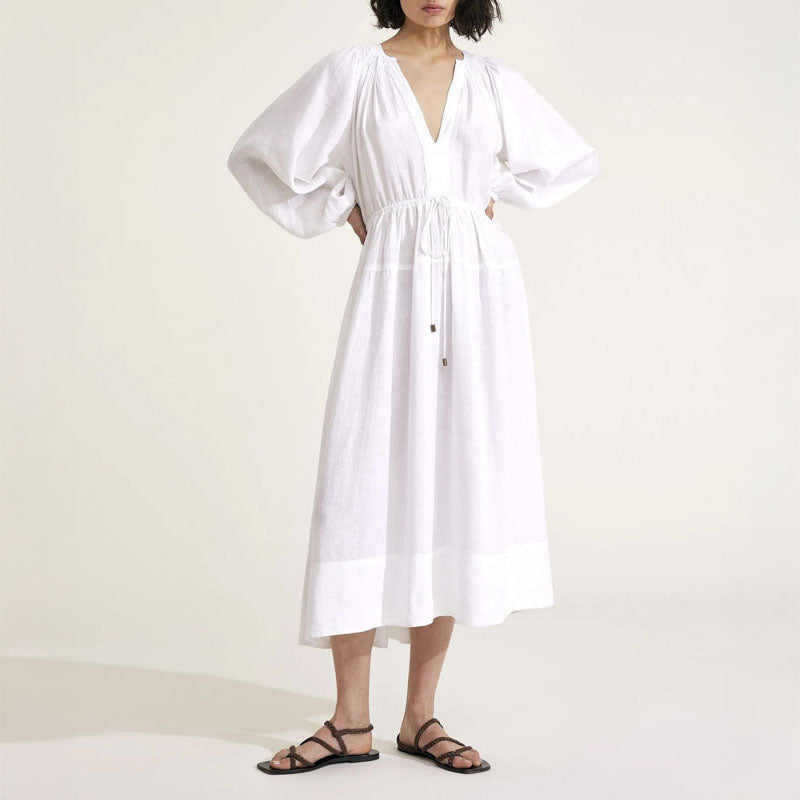 MONDO CORSINI Victorine Linen Smocked Midi Dress in White