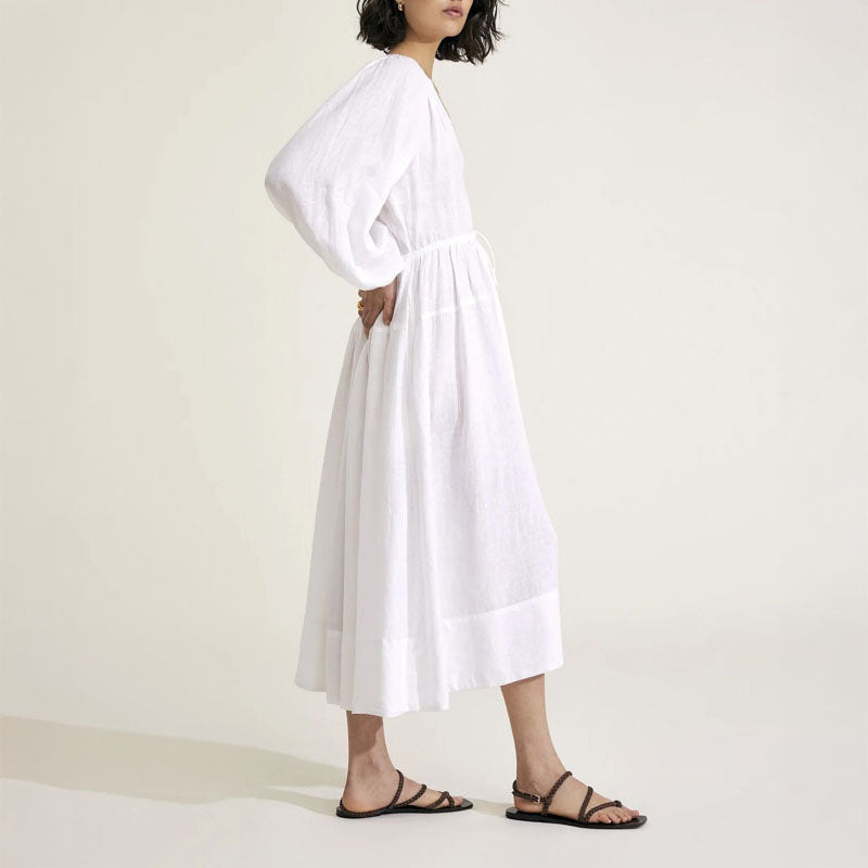MONDO CORSINI Victorine Linen Smocked Midi Dress in White