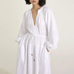 MONDO CORSINI Victorine Linen Smocked Midi Dress in White