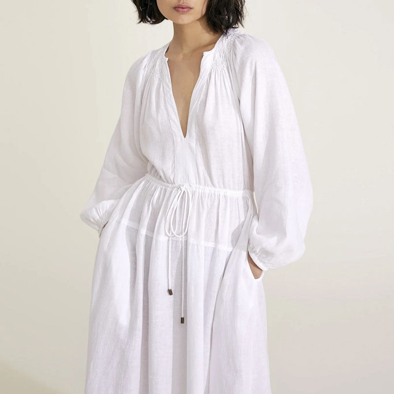 MONDO CORSINI Victorine Linen Smocked Midi Dress in White