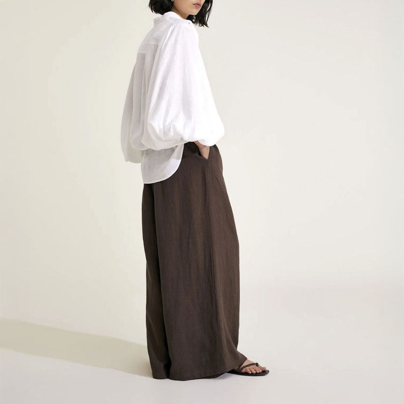 MONDO CORSINI Maia Linen Blouse with Blouson Sleeves in White