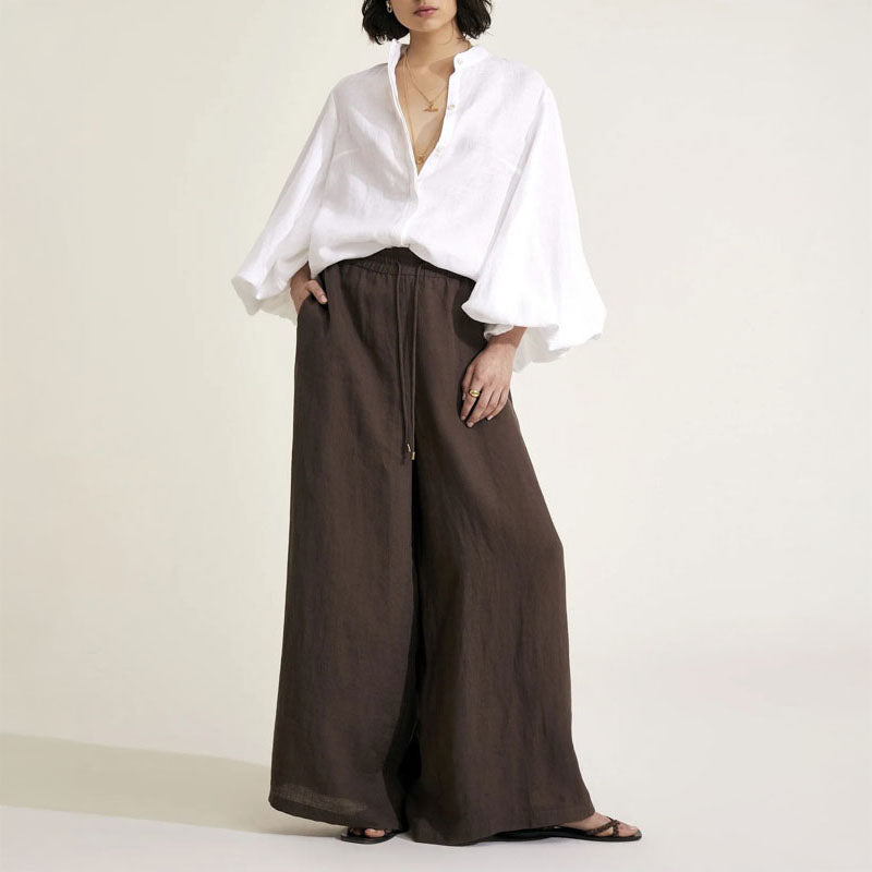MONDO CORSINI Maia Linen Blouse with Blouson Sleeves in White