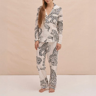 DESMOND & DEMPSEY The Jag Print Long PJ Set in Cream