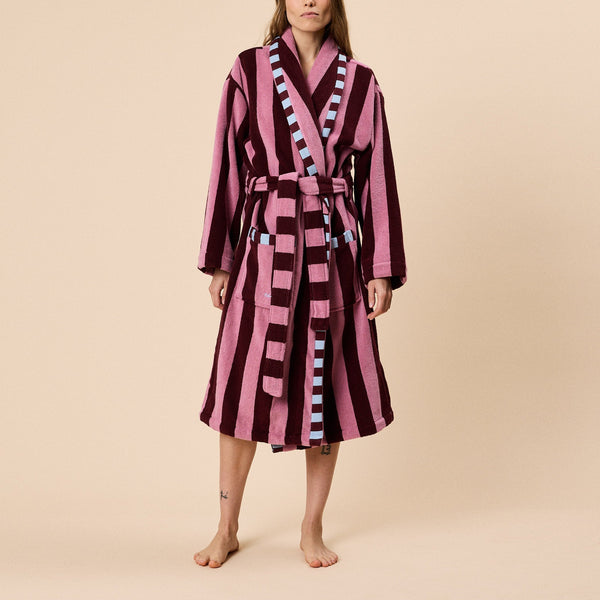 TBCO. Terry Cotton Bath Robe in Burgundy Stripe