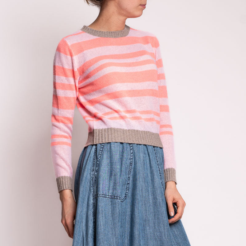 Contrast Stripe Crew in Brown/Neon/Coral/Pale Pink