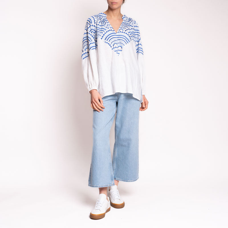 All Over Puffy L/S Blouse in White/Blue