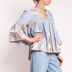 Feather Bell Sleeve Blouse in Light Grey/Gold
