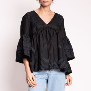 Feather Bell Sleeve Blouse in Black