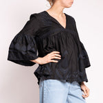 Feather Bell Sleeve Blouse in Black