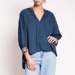 All Over L/S Drawstring Blouse in Navy/Blue Gold