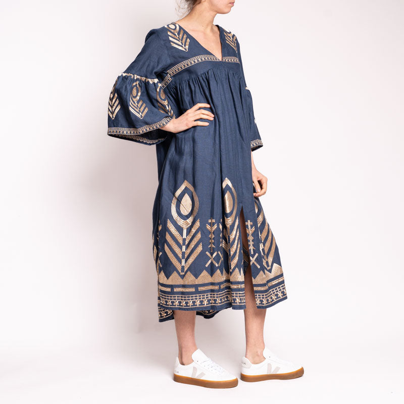 Long Feather Bell Sleeve Dress in Navy Blue/Gold