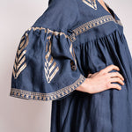 Long Feather Bell Sleeve Dress in Navy Blue/Gold