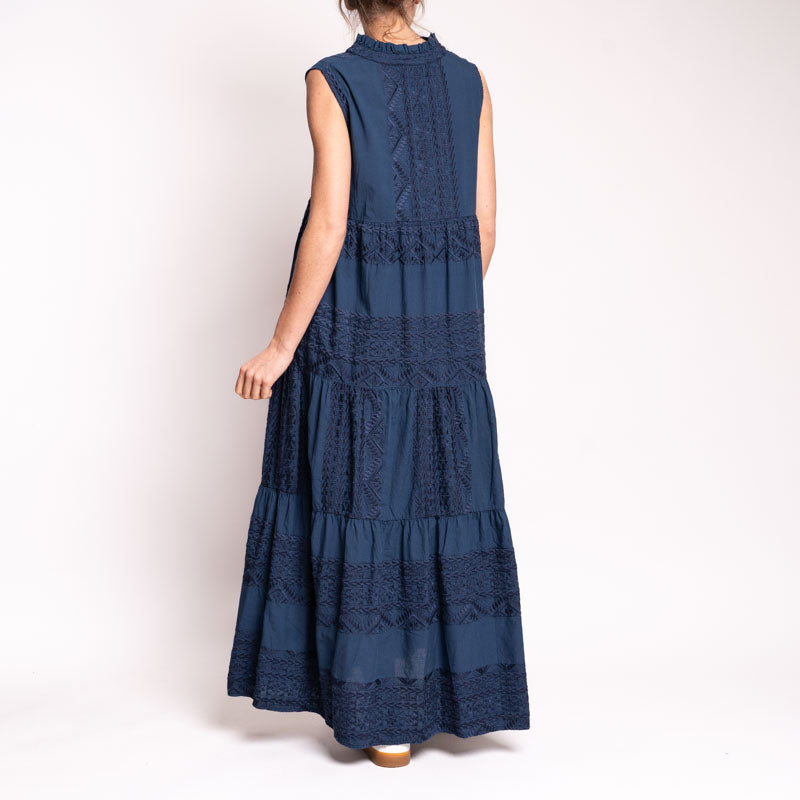 Sleeveless All Over Embroidered Dress in Navy Blue Total