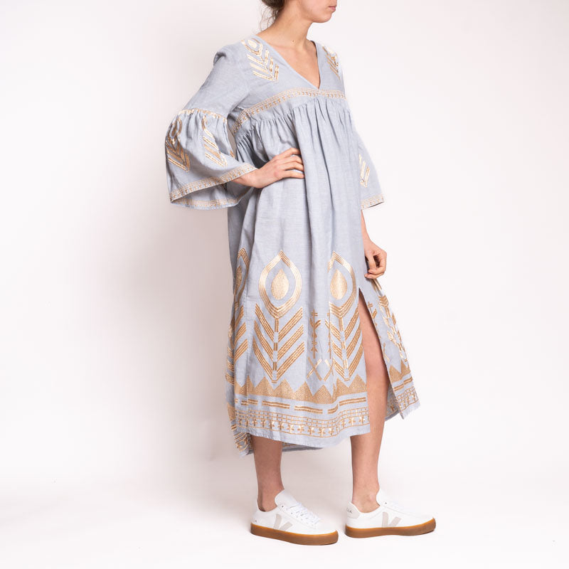 Long Feather Bell Sleeve Dress in Light Grey/Gold