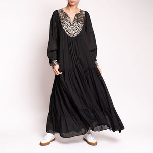 Long All Over Embroidered Dress in Black/Gold