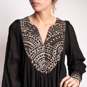 Long All Over Embroidered Dress in Black/Gold