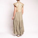 Long Ruffle Embroidered Dress in Tea/Gold