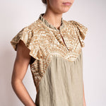 Long Ruffle Embroidered Dress in Tea/Gold