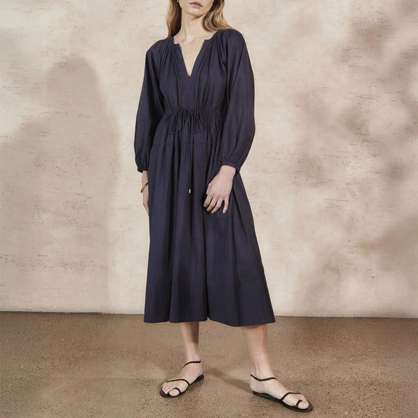 MONDO CORSINI Victorine Cotton Smocked Midi Dress in Midnight