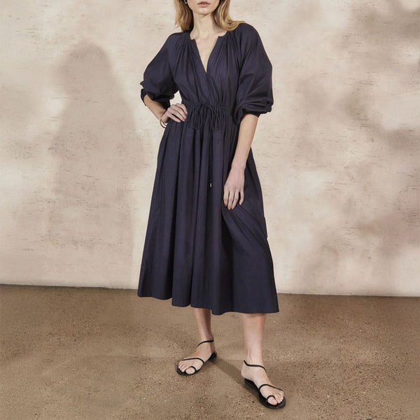 MONDO CORSINI Victorine Cotton Smocked Midi Dress in Midnight