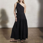 MONDO CORSINI Mariam Linen Dress with Asymmetric Neckline in Caviar