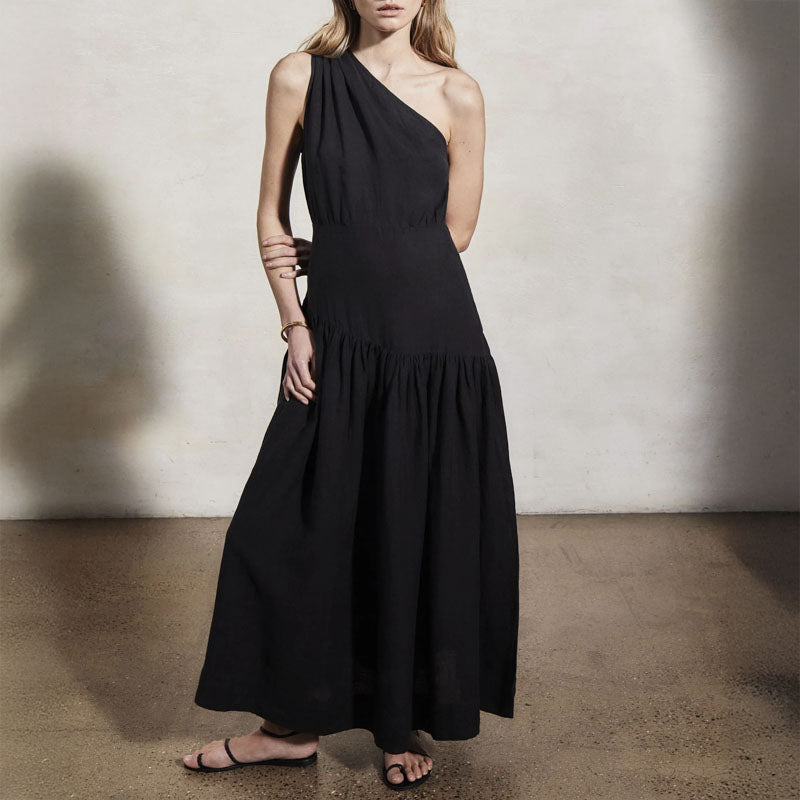 MONDO CORSINI Mariam Linen Dress with Asymmetric Neckline in Caviar