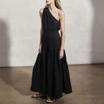 MONDO CORSINI Mariam Linen Dress with Asymmetric Neckline in Caviar