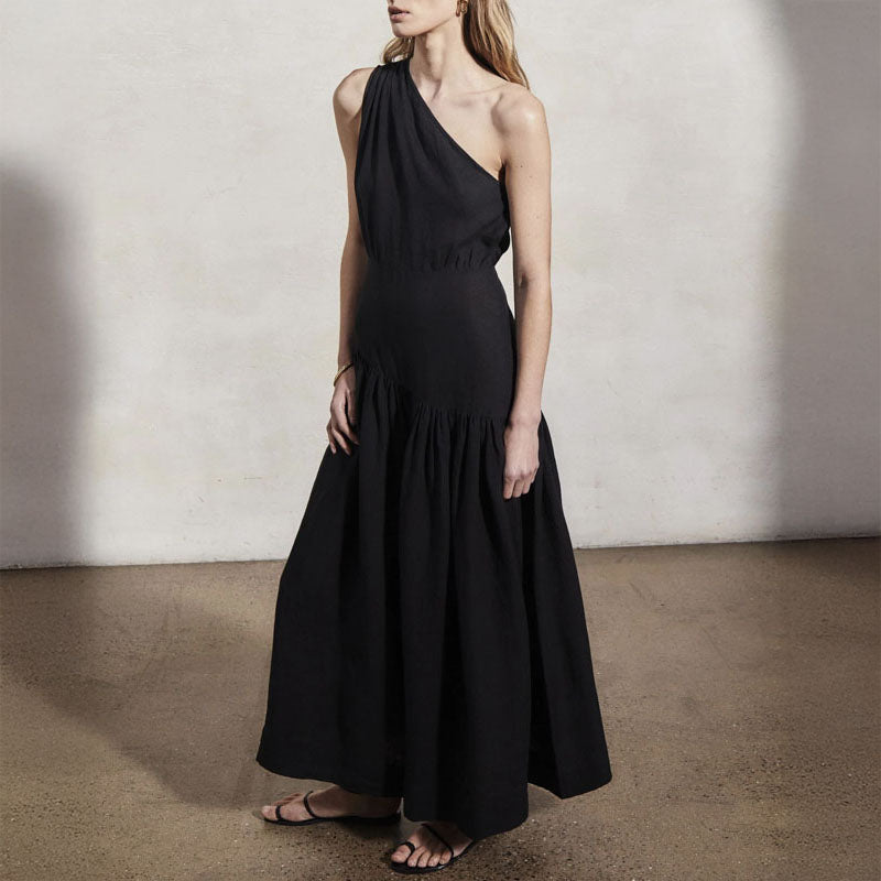 MONDO CORSINI Mariam Linen Dress with Asymmetric Neckline in Caviar