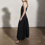 MONDO CORSINI Mariam Linen Dress with Asymmetric Neckline in Caviar