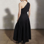 MONDO CORSINI Mariam Linen Dress with Asymmetric Neckline in Caviar